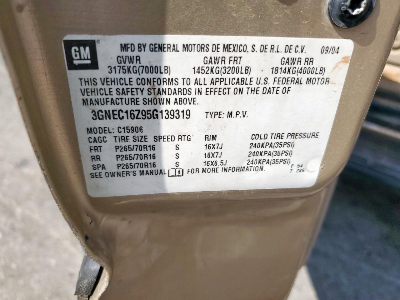 2005 Chevrolet Suburban C1500 VIN: 3GNEC16Z95G139319 Lot: 86078715