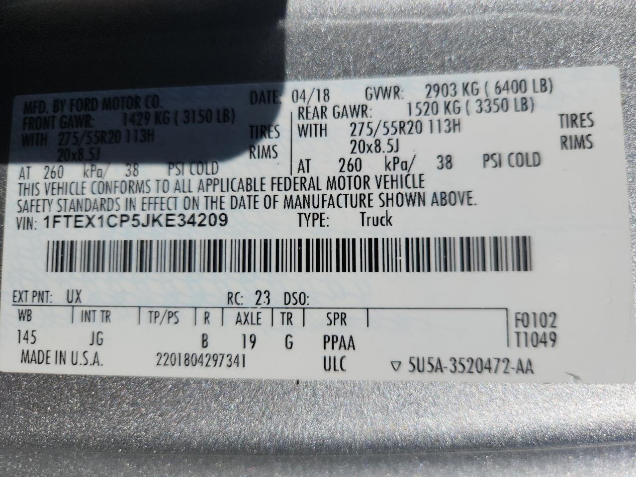 2018 Ford F150 Super Cab VIN: 1FTEX1CP5JKE34209 Lot: 85828295