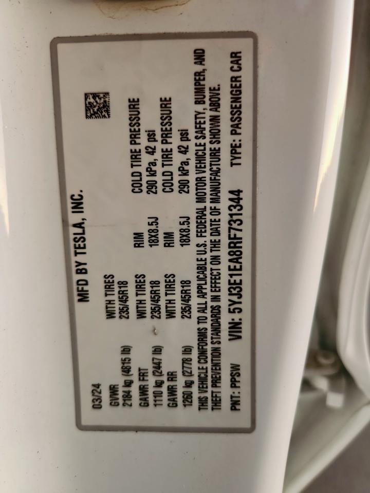 2024 Tesla Model 3 VIN: 5YJ3E1EA8RF731344 Lot: 85935085