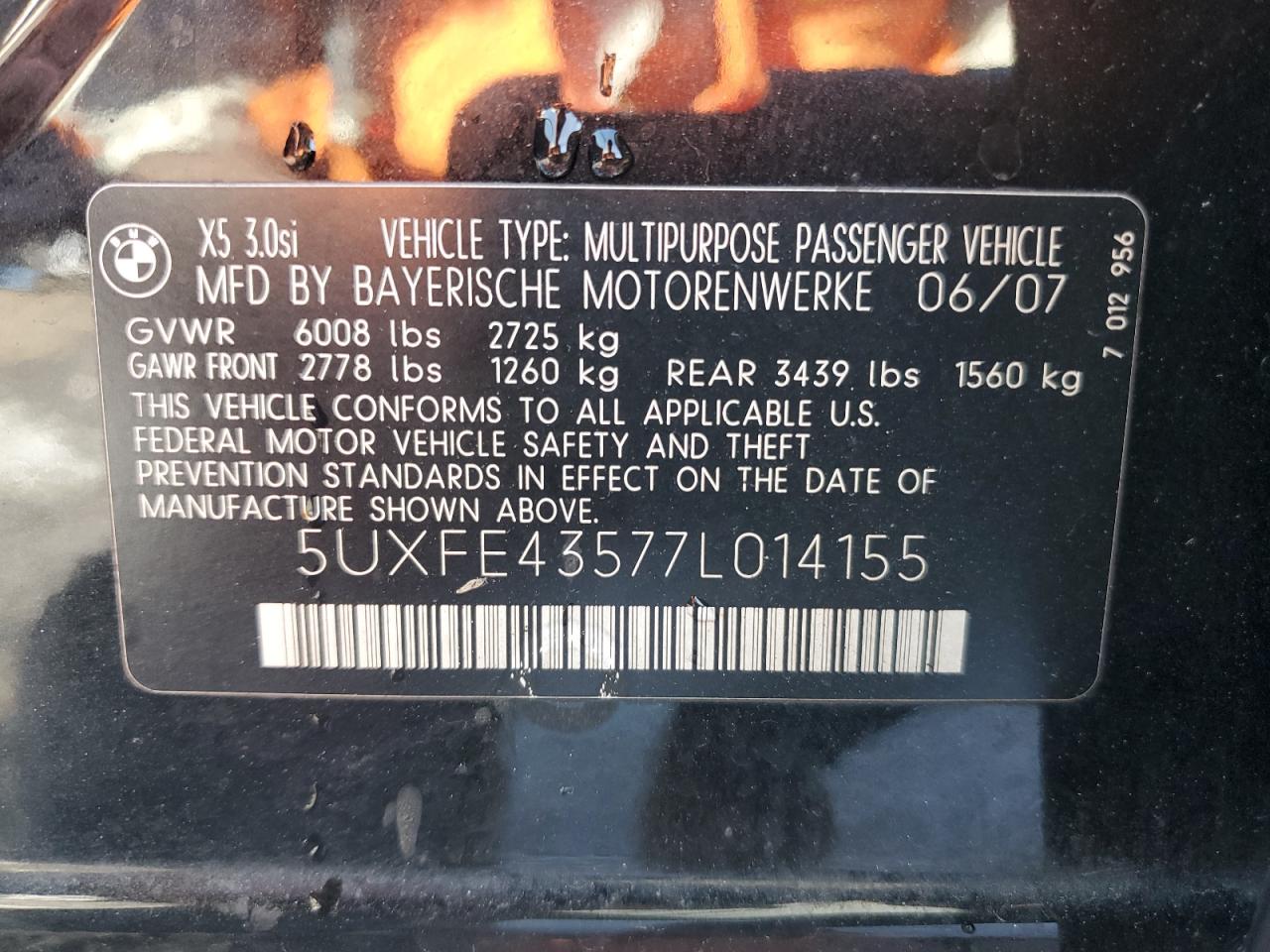 2007 BMW X5 3.0I VIN: 5UXFE43577L014155 Lot: 84875105