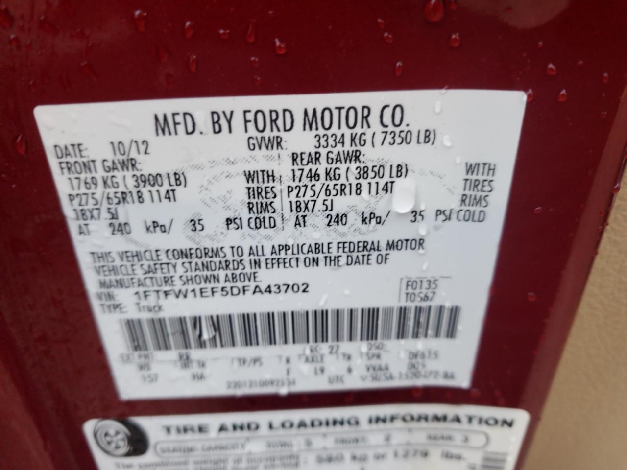 2013 Ford F150 Supercrew VIN: 1FTFW1EF5DFA43702 Lot: 90264885