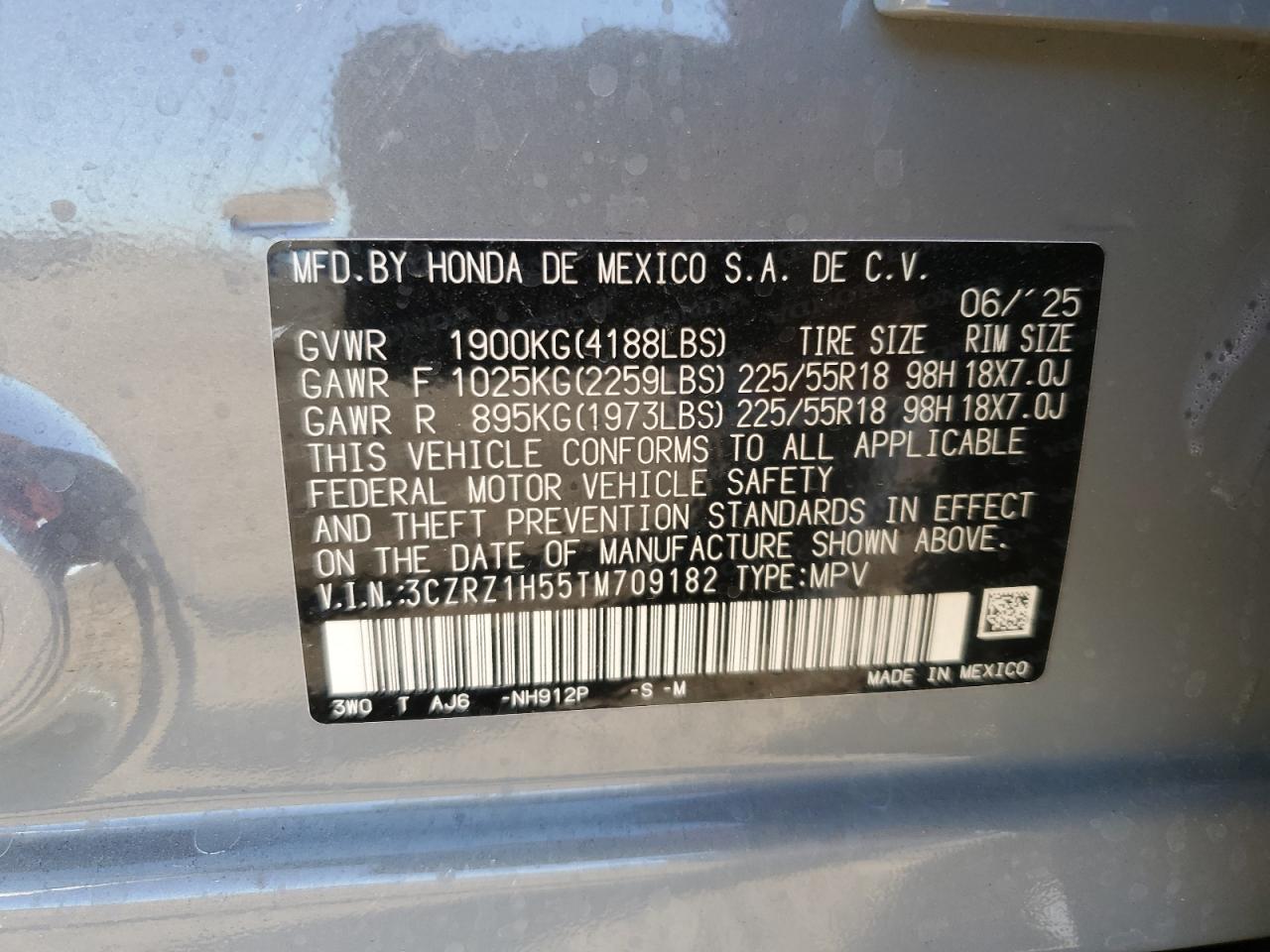 2026 Honda Hr-V Sport VIN: 3CZRZ1H55TM709182 Lot: 84986375