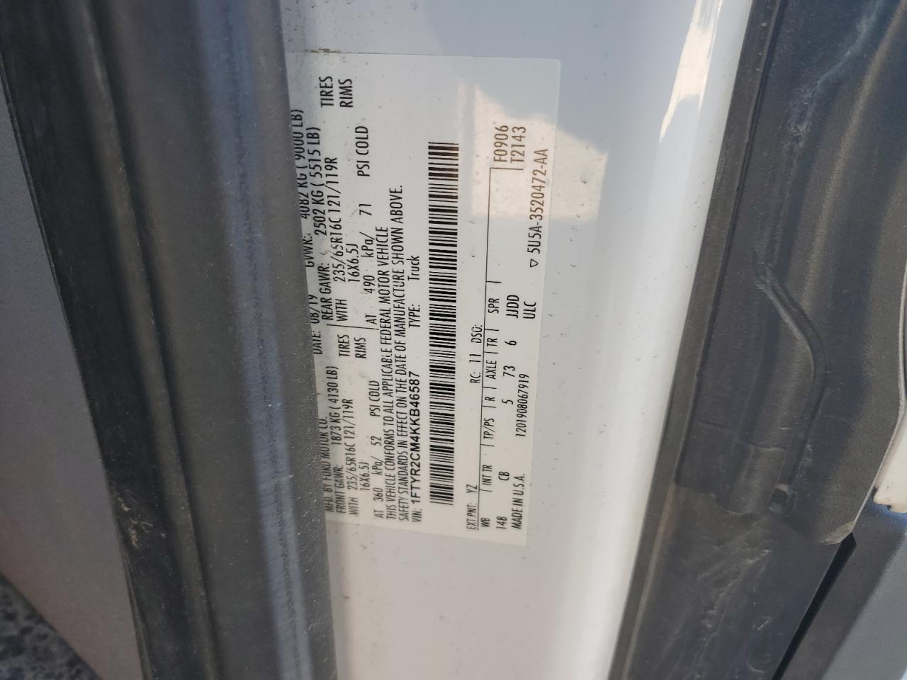 2019 Ford Transit T-250 VIN: 1FTYR2CM4KKB46587 Lot: 81938445