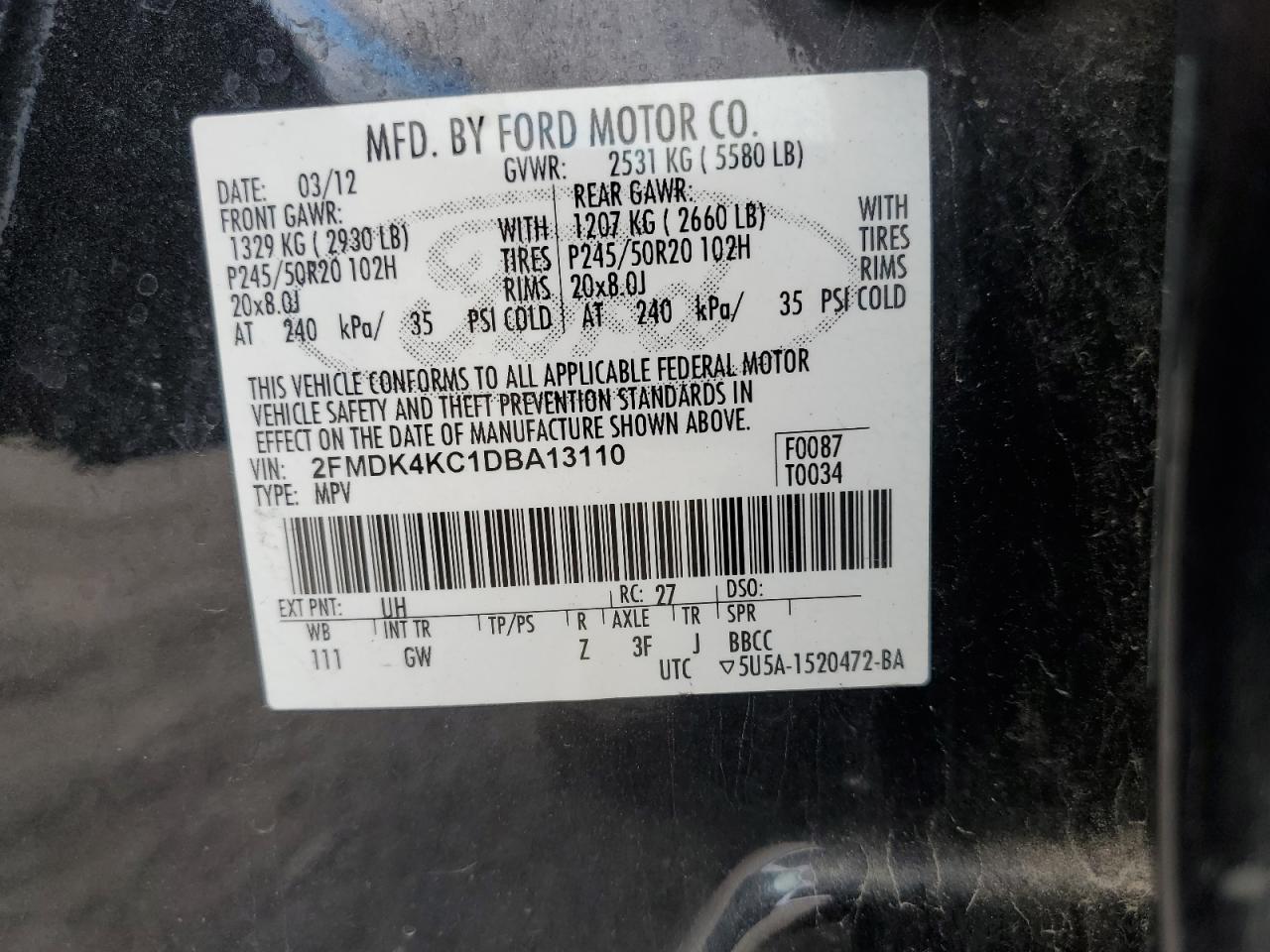 2013 Ford Edge Limited VIN: 2FMDK4KC1DBA13110 Lot: 82418205
