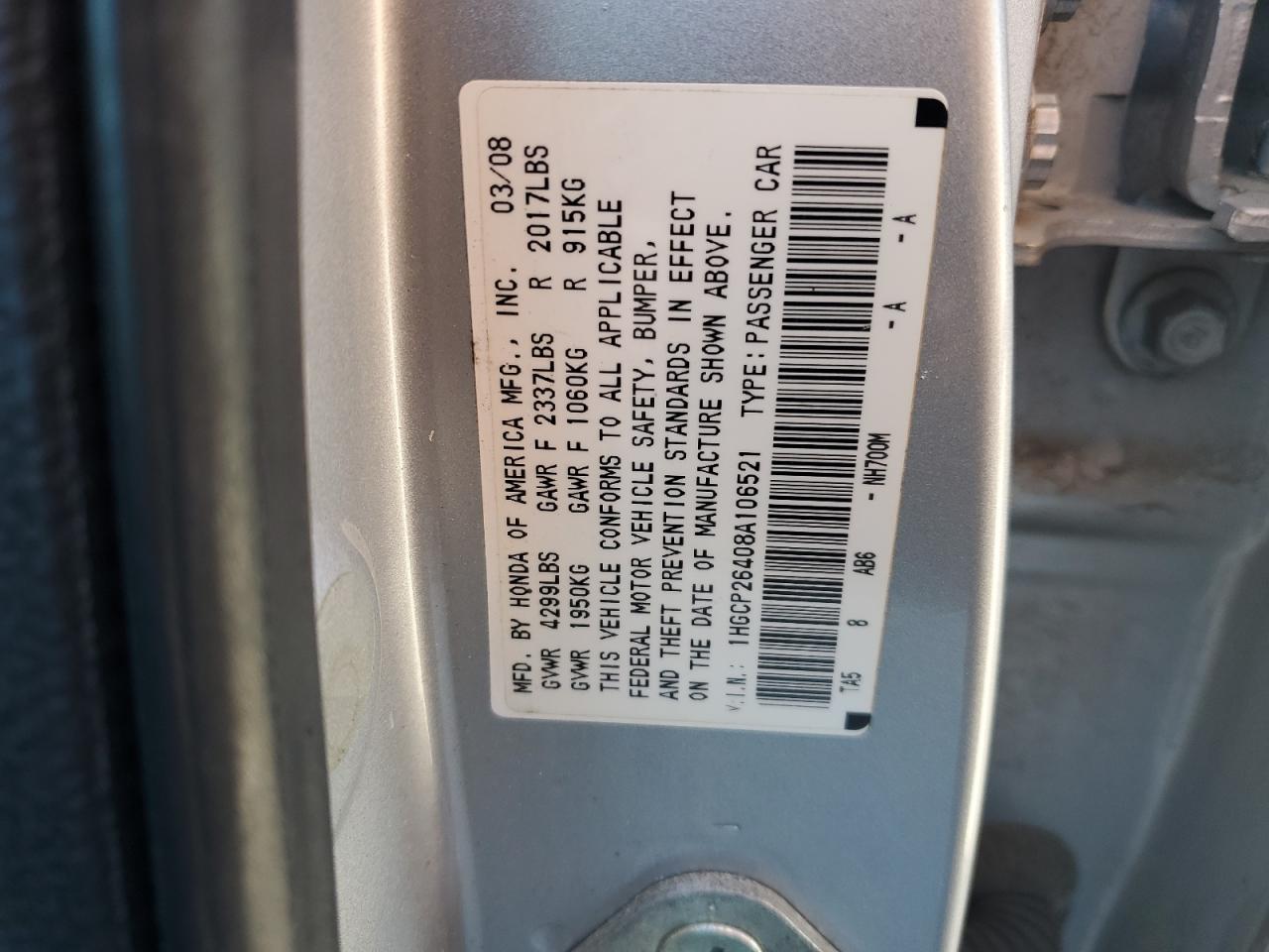 2008 Honda Accord Lxp VIN: 1HGCP26408A106521 Lot: 84589105