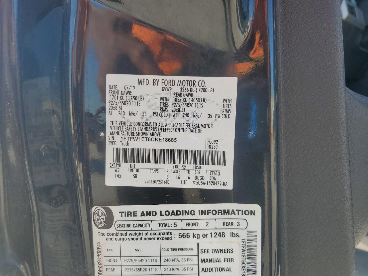 2012 Ford F150 Supercrew VIN: 1FTFW1ET6CKE18685 Lot: 82677095