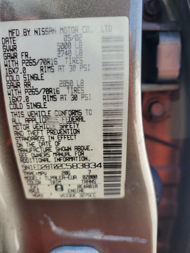 2002 Nissan Xterra Xe VIN: 5N1ED28T02C583834 Lot: 86491905