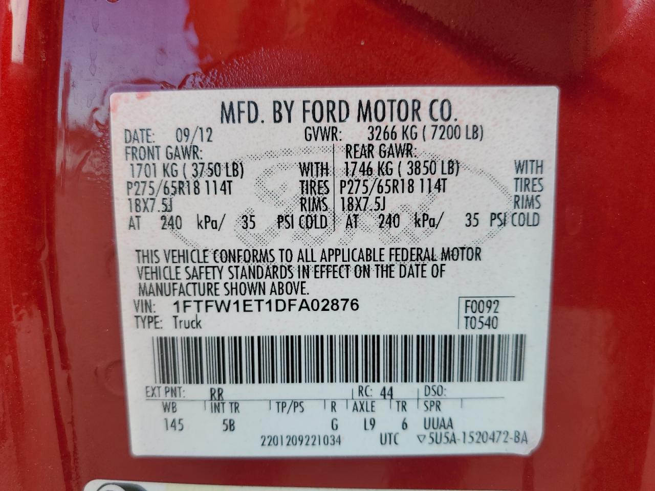 2013 Ford F150 Supercrew VIN: 1FTFW1ET1DFA02876 Lot: 87199165