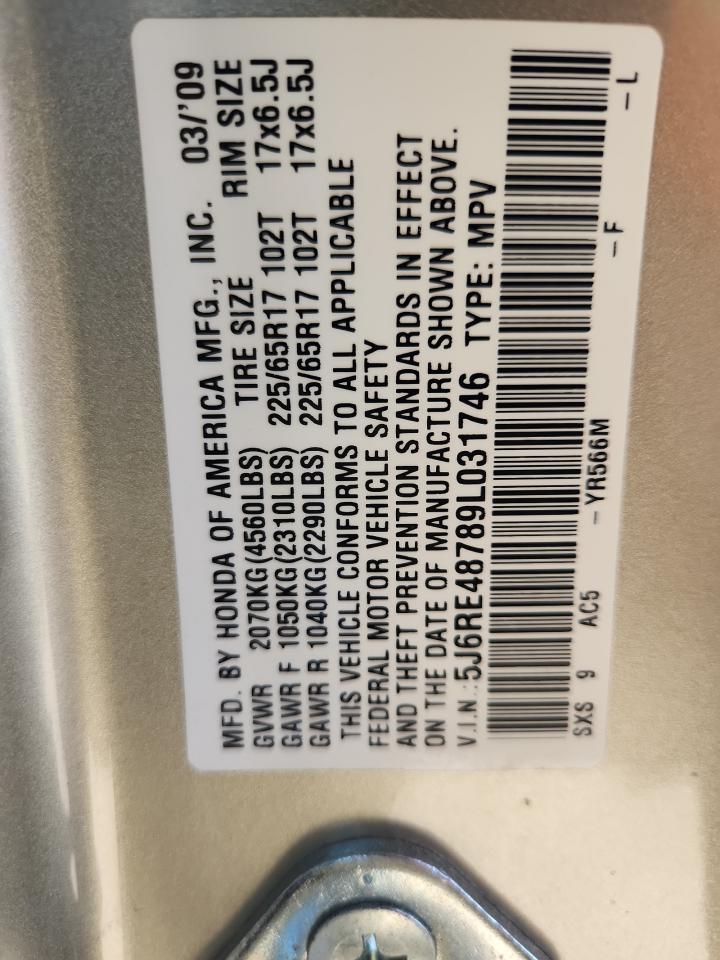 2009 Honda Cr-V Exl VIN: 5J6RE48789L031746 Lot: 85089235