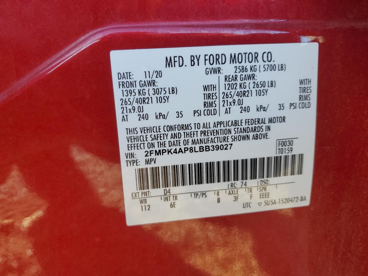 2020 Ford Edge St VIN: 2FMPK4AP8LBB39027 Lot: 85476335