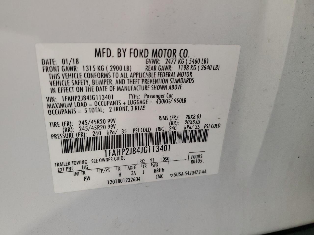 2018 Ford Taurus Limited VIN: 1FAHP2J84JG113401 Lot: 85874915