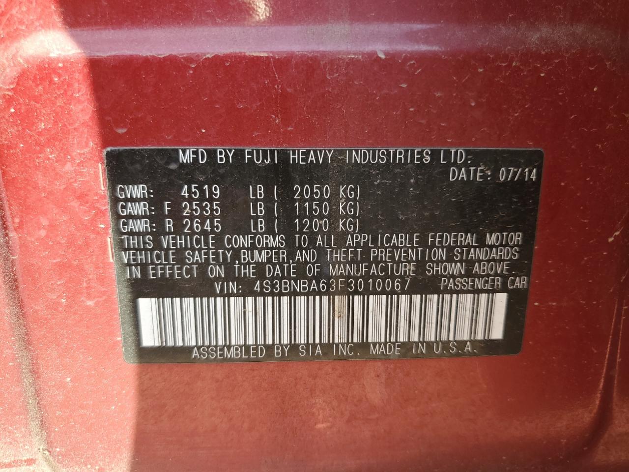 2015 Subaru Legacy 2.5I VIN: 4S3BNBA63F3010067 Lot: 84645015