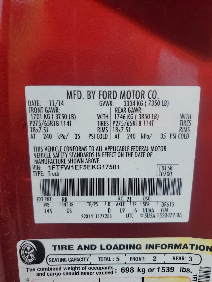 2014 Ford F150 Supercrew VIN: 1FTFW1EF5EKG17501 Lot: 90609825