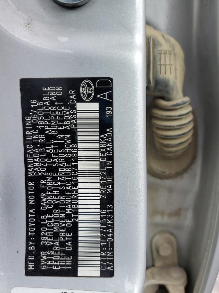 2016 Toyota Corolla L VIN: 2T1BURHE1GC711868 Lot: 90527735