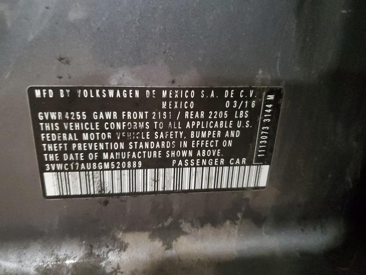 2016 Volkswagen Golf Sportwagen S VIN: 3VWC17AU8GM520889 Lot: 87289695