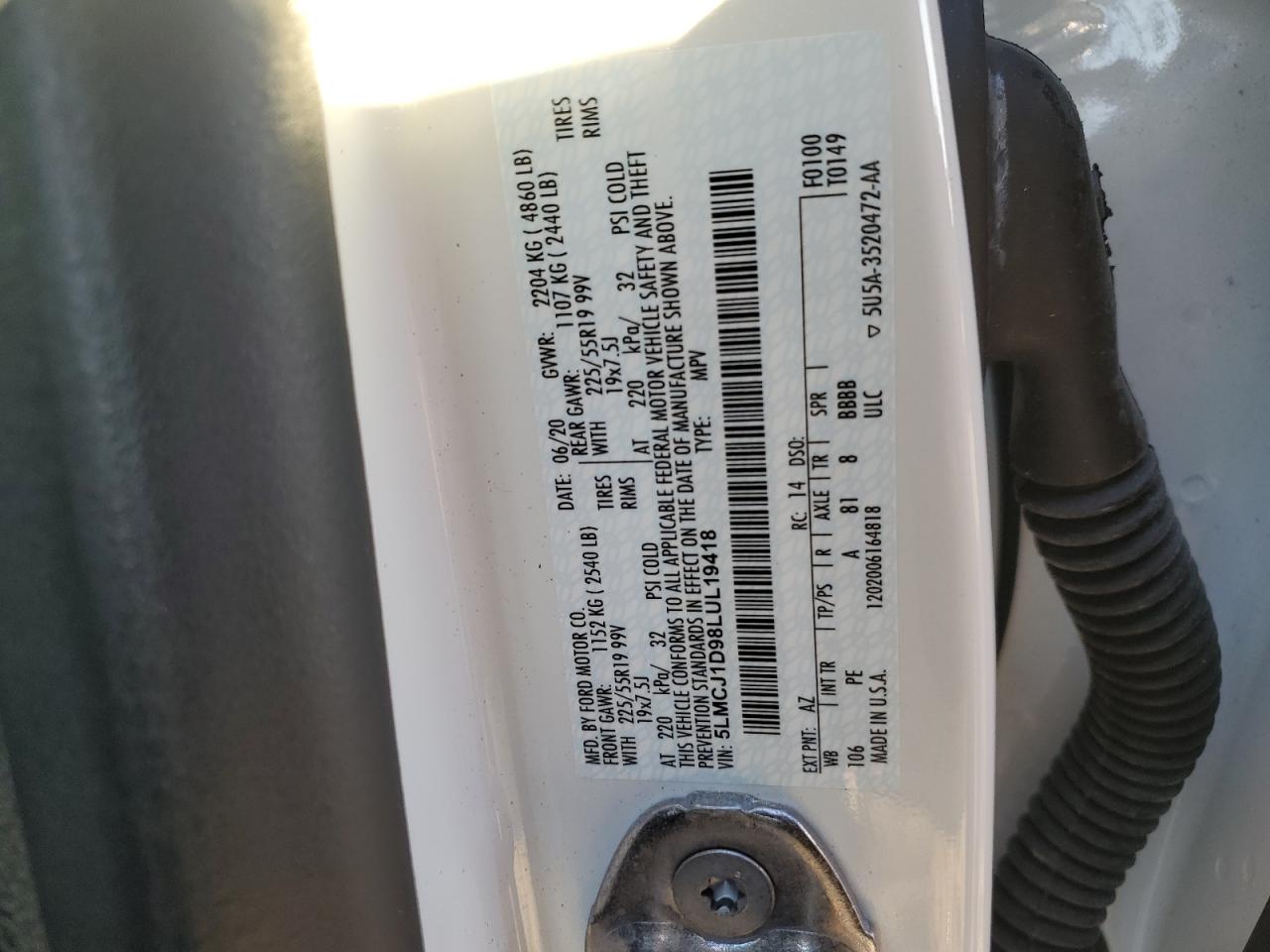 2020 Lincoln Corsair VIN: 5LMCJ1D98LUL19418 Lot: 87355945