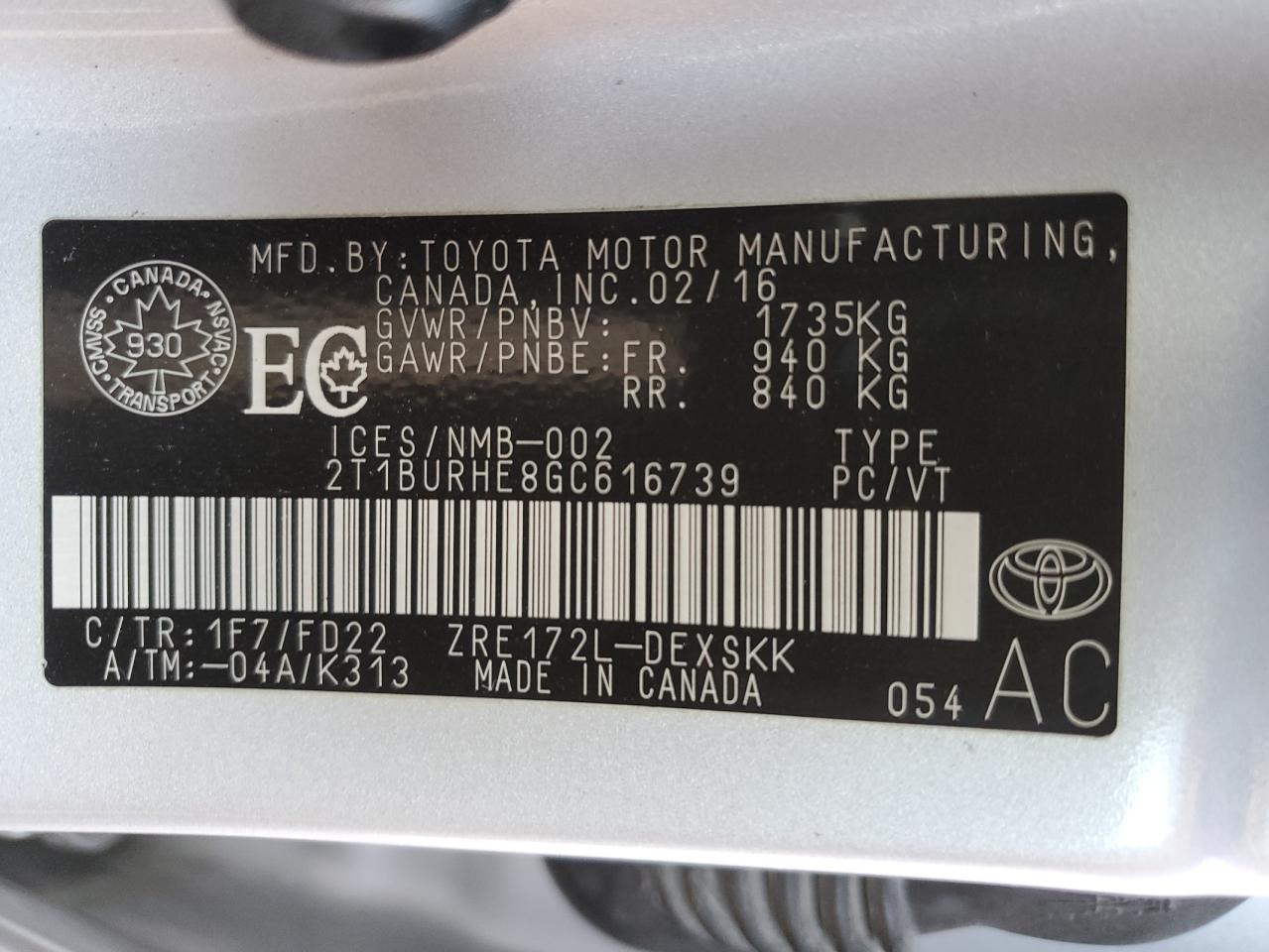 2016 Toyota Corolla L VIN: 2T1BURHE8GC616739 Lot: 81009305