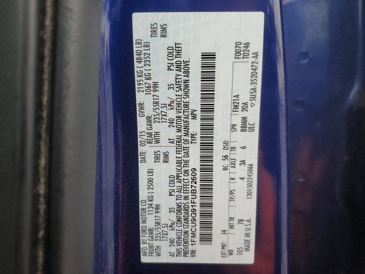 2015 Ford Escape Se VIN: 1FMCU9G91FUB72609 Lot: 69606095