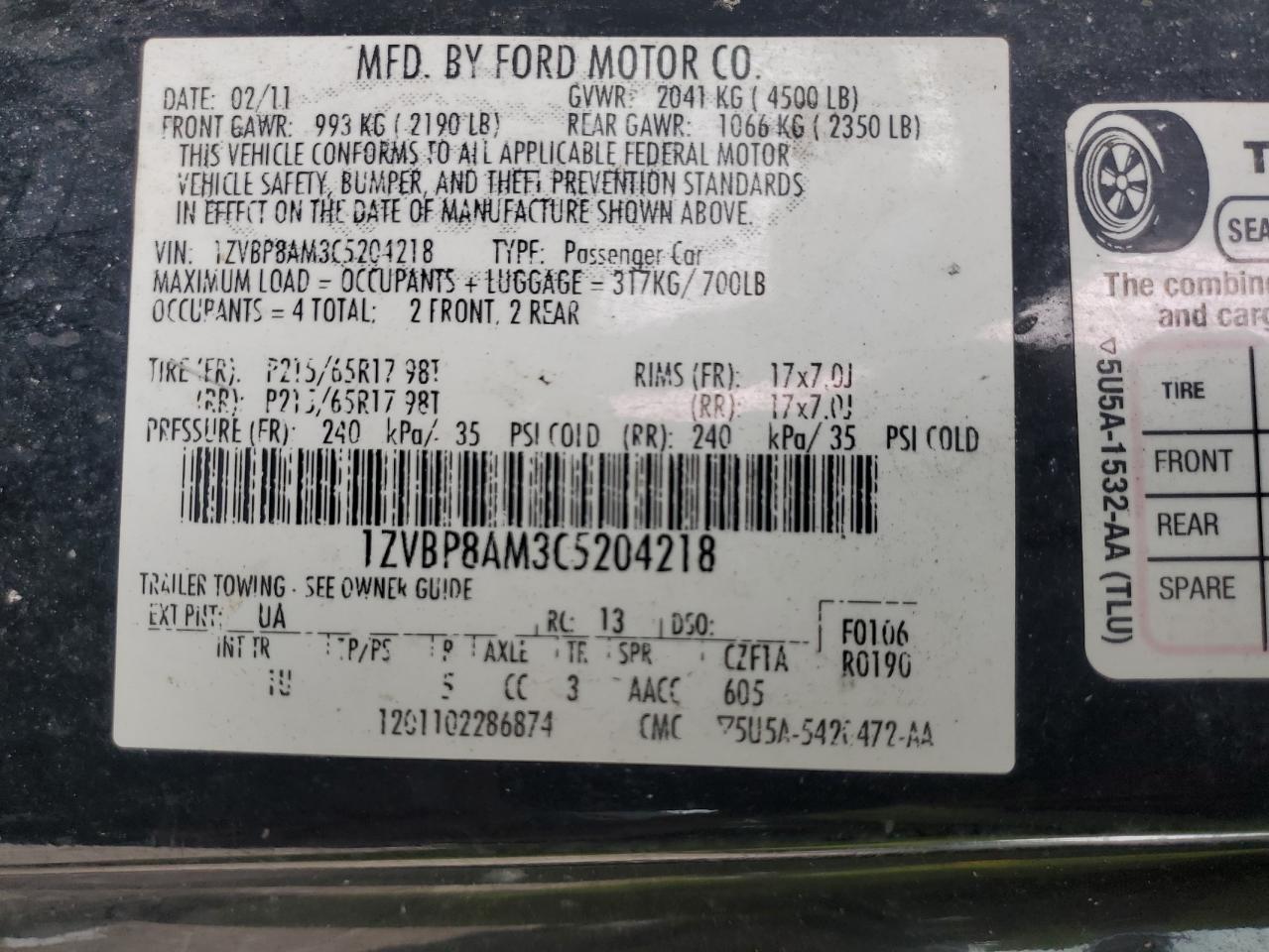 2012 Ford Mustang VIN: 1ZVBP8AM3C5204218 Lot: 85003785
