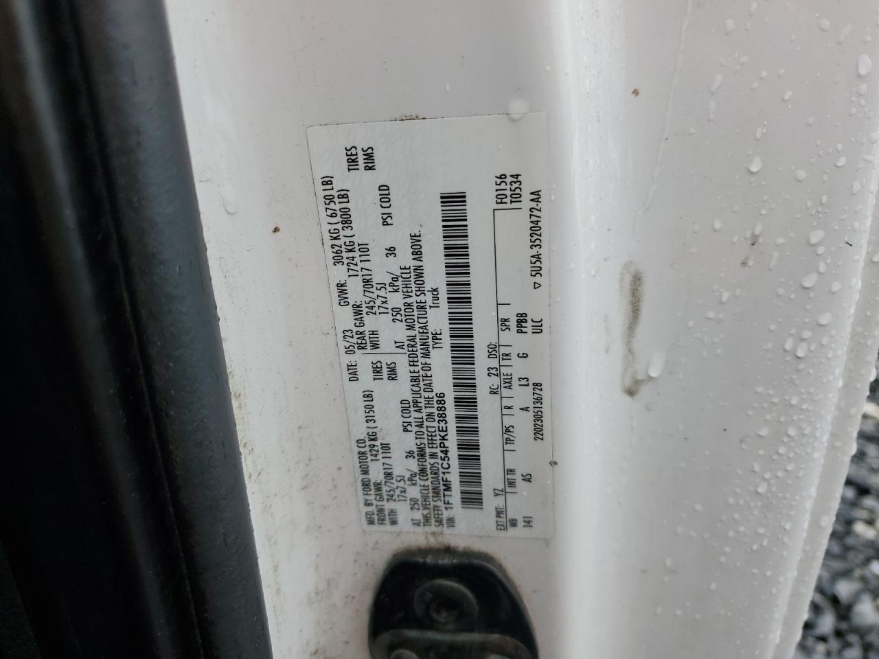 2023 Ford F150 VIN: 1FTMF1C54PKE38886 Lot: 87450995