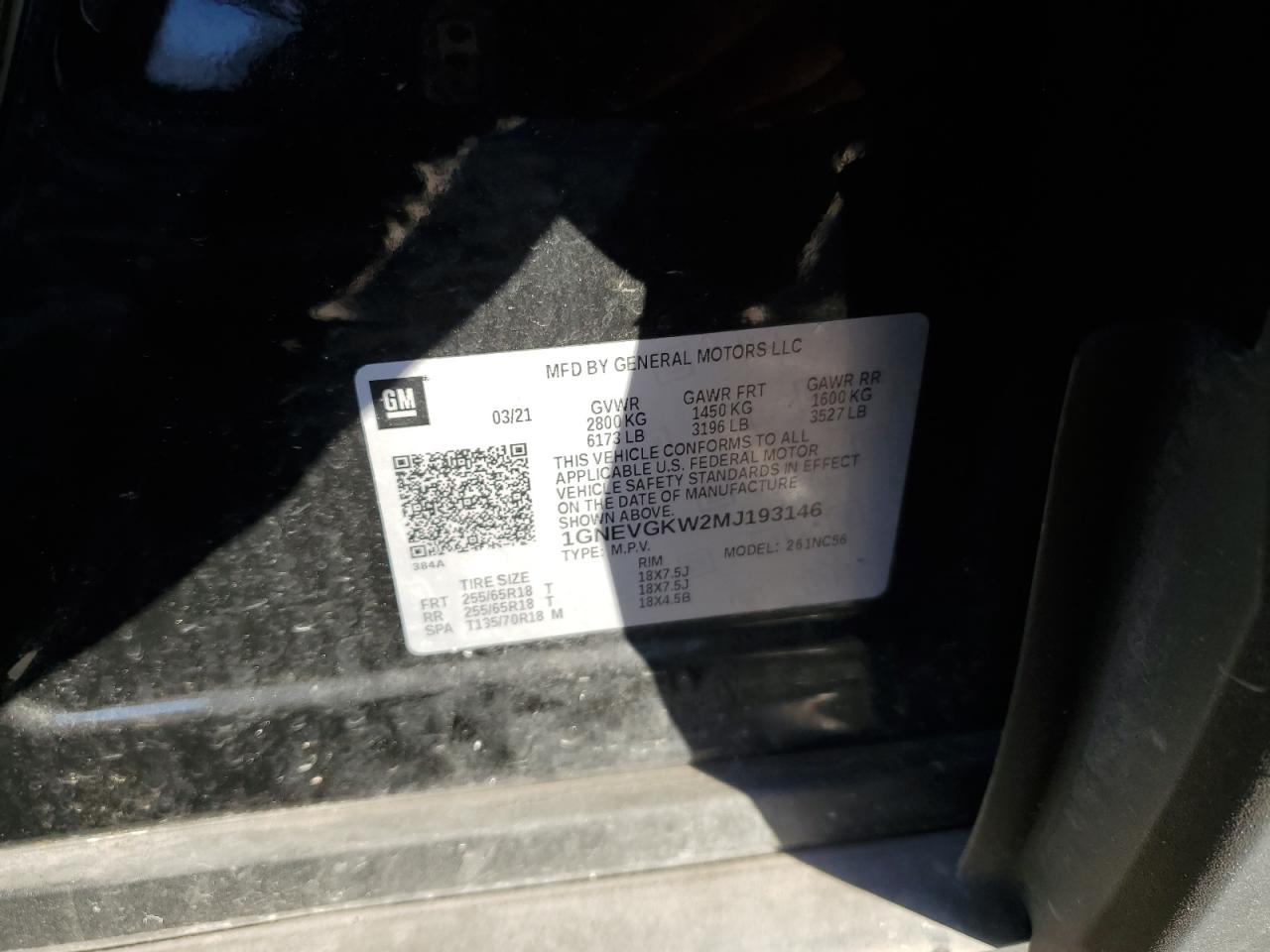 2021 Chevrolet Traverse Lt VIN: 1GNEVGKW2MJ193146 Lot: 84373605