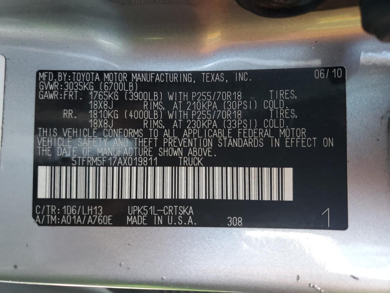 2010 Toyota Tundra Double Cab Sr5 VIN: 5TFRM5F17AX019811 Lot: 81928335