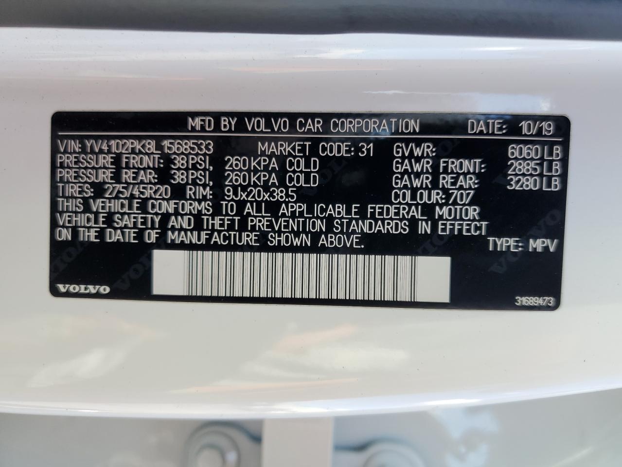 2020 Volvo Xc90 T5 Momentum VIN: YV4102PK8L1568533 Lot: 84476095