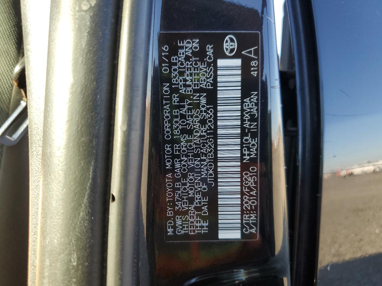 2016 Toyota Prius C VIN: JTDKDTB32G1120361 Lot: 89840945