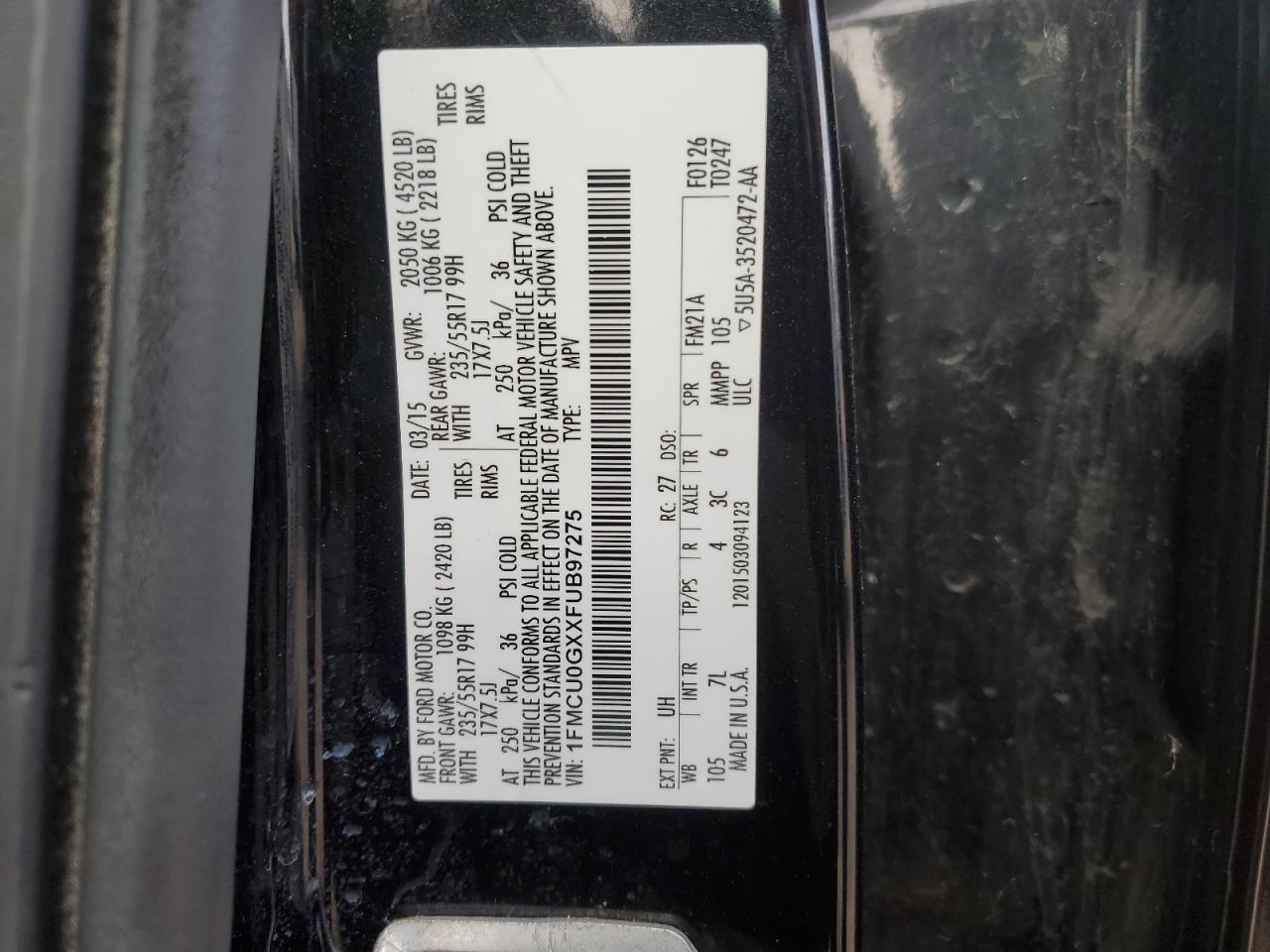 2015 Ford Escape Se VIN: 1FMCU0GXXFUB97275 Lot: 86528915