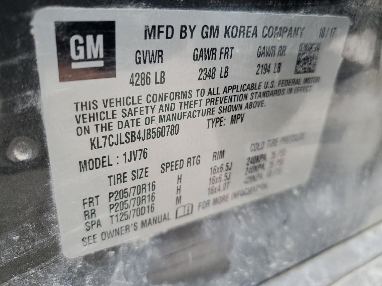 2018 Chevrolet Trax 1Lt VIN: KL7CJLSB4JB560780 Lot: 89675635