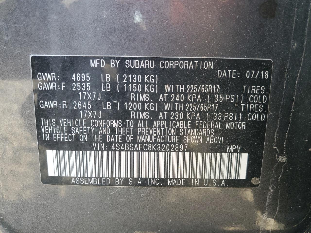 2019 Subaru Outback 2.5I Premium VIN: 4S4BSAFC8K3202897 Lot: 85128605