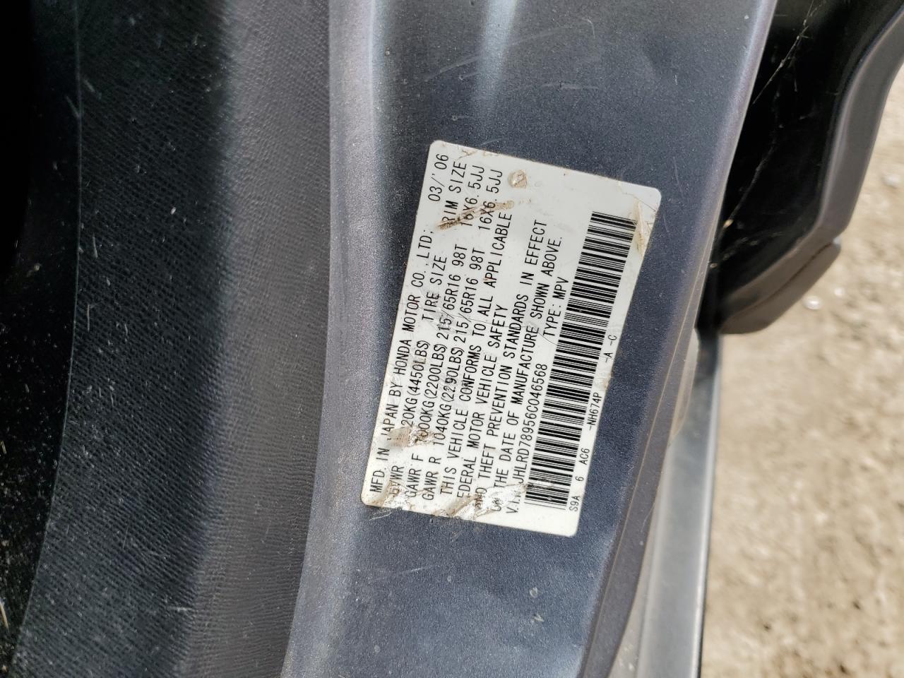 2006 Honda Cr-V Se VIN: JHLRD78956C046568 Lot: 85869255