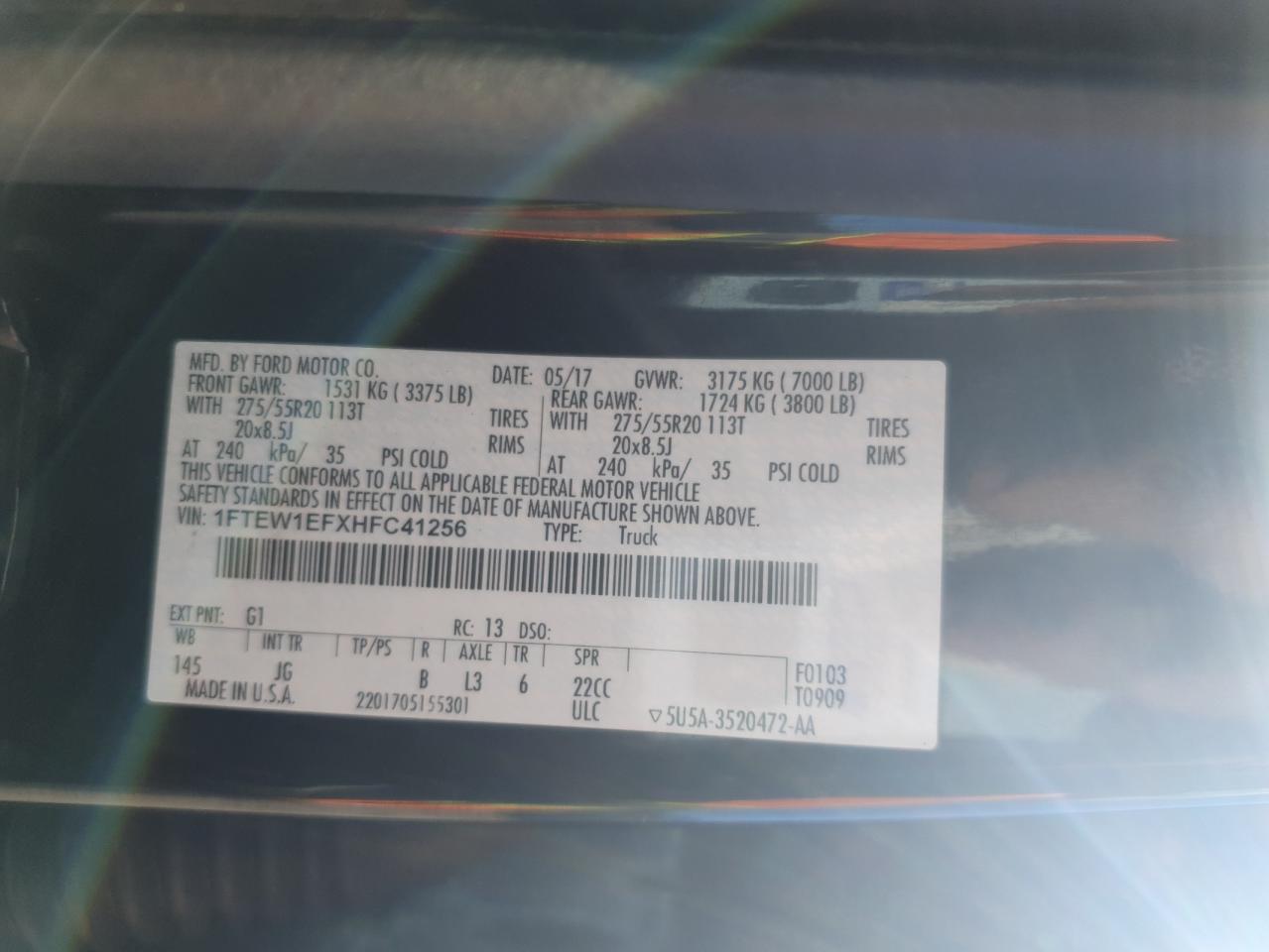 2017 Ford F150 Supercrew VIN: 1FTEW1EFXHFC41256 Lot: 87294145