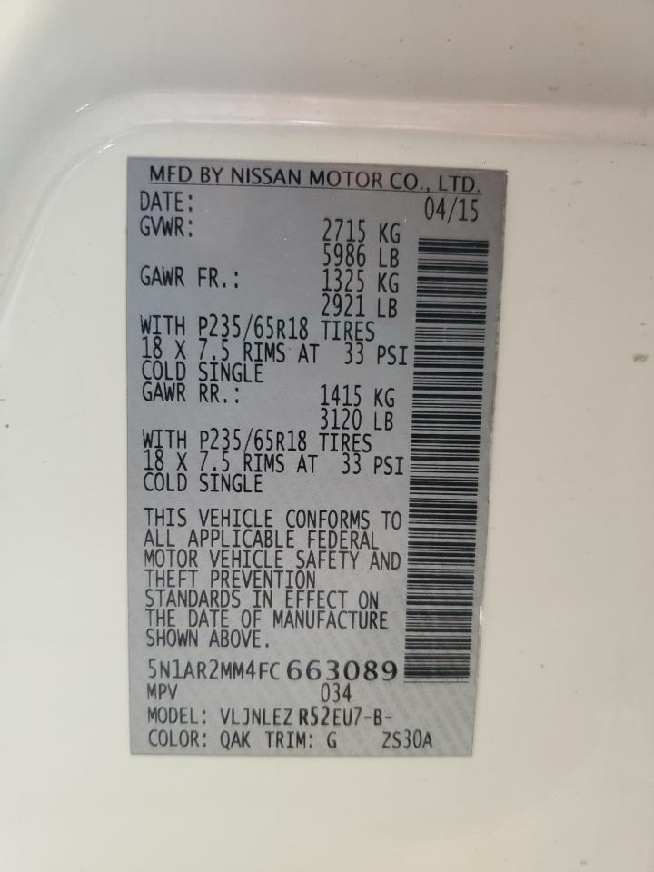 2015 Nissan Pathfinder S VIN: 5N1AR2MM4FC663089 Lot: 84986055