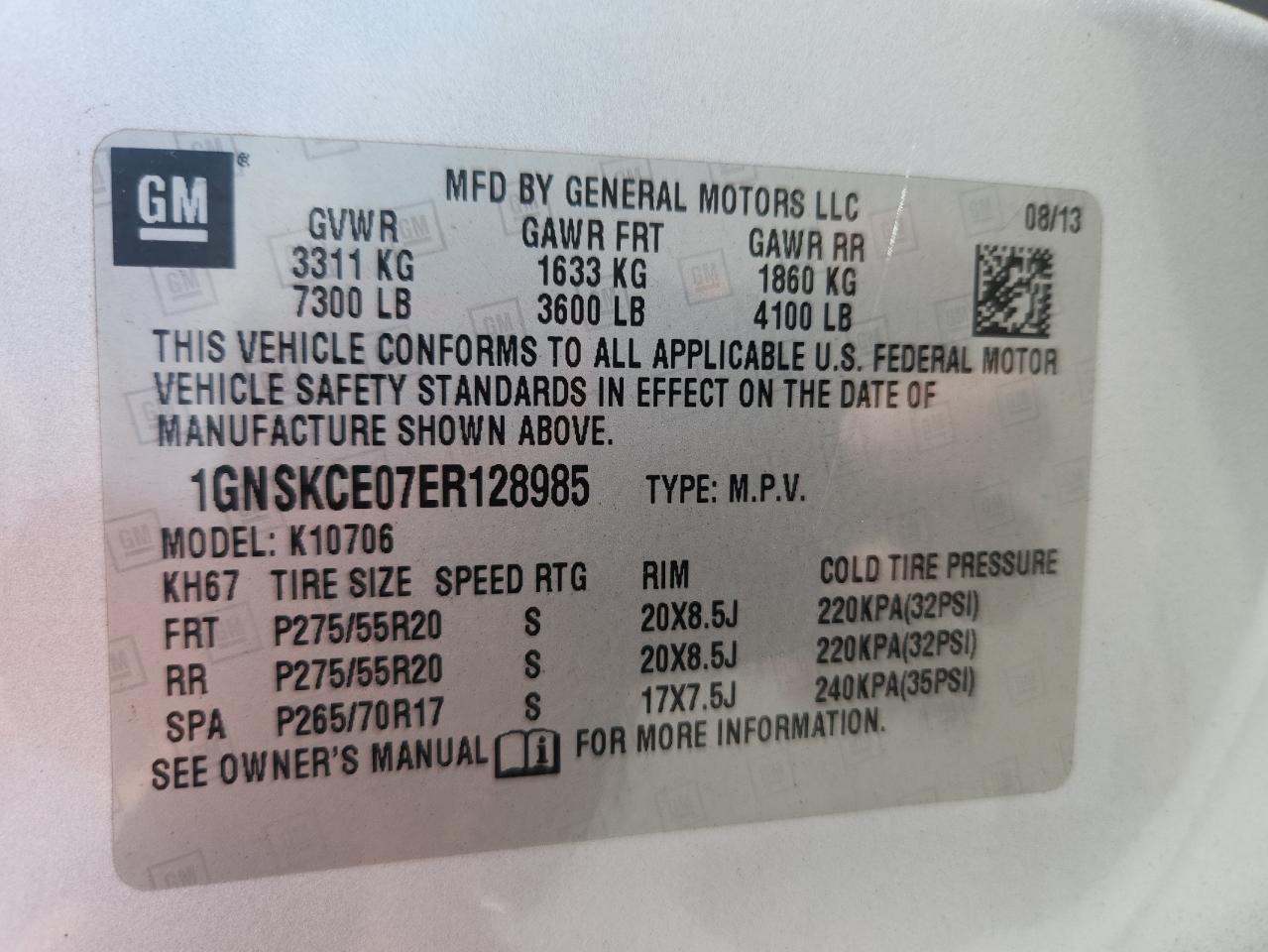 2014 Chevrolet Tahoe K1500 Ltz VIN: 1GNSKCE07ER128985 Lot: 85178565