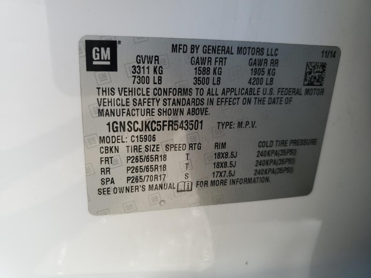 2015 Chevrolet Suburban C1500 Lt VIN: 1GNSCJKC5FR543501 Lot: 86239365