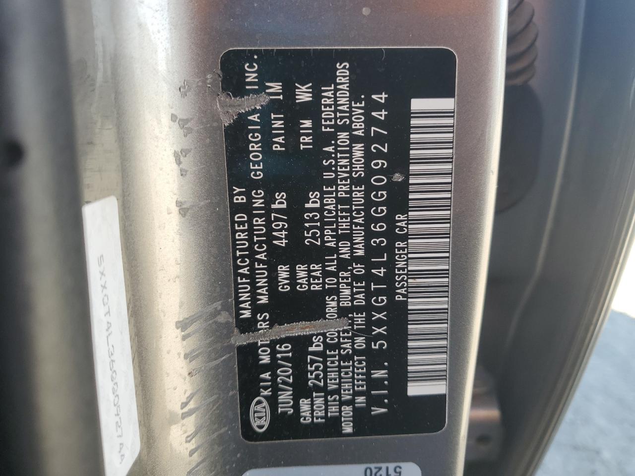 2016 Kia Optima Lx VIN: 5XXGT4L36GG092744 Lot: 85669945