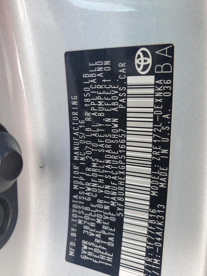 2016 Toyota Corolla L VIN: 5YFBURHEXGP516657 Lot: 85713535