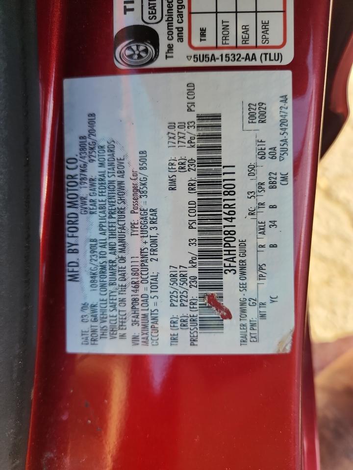 2006 Ford Fusion Sel VIN: 3FAHP08146R180111 Lot: 87295575