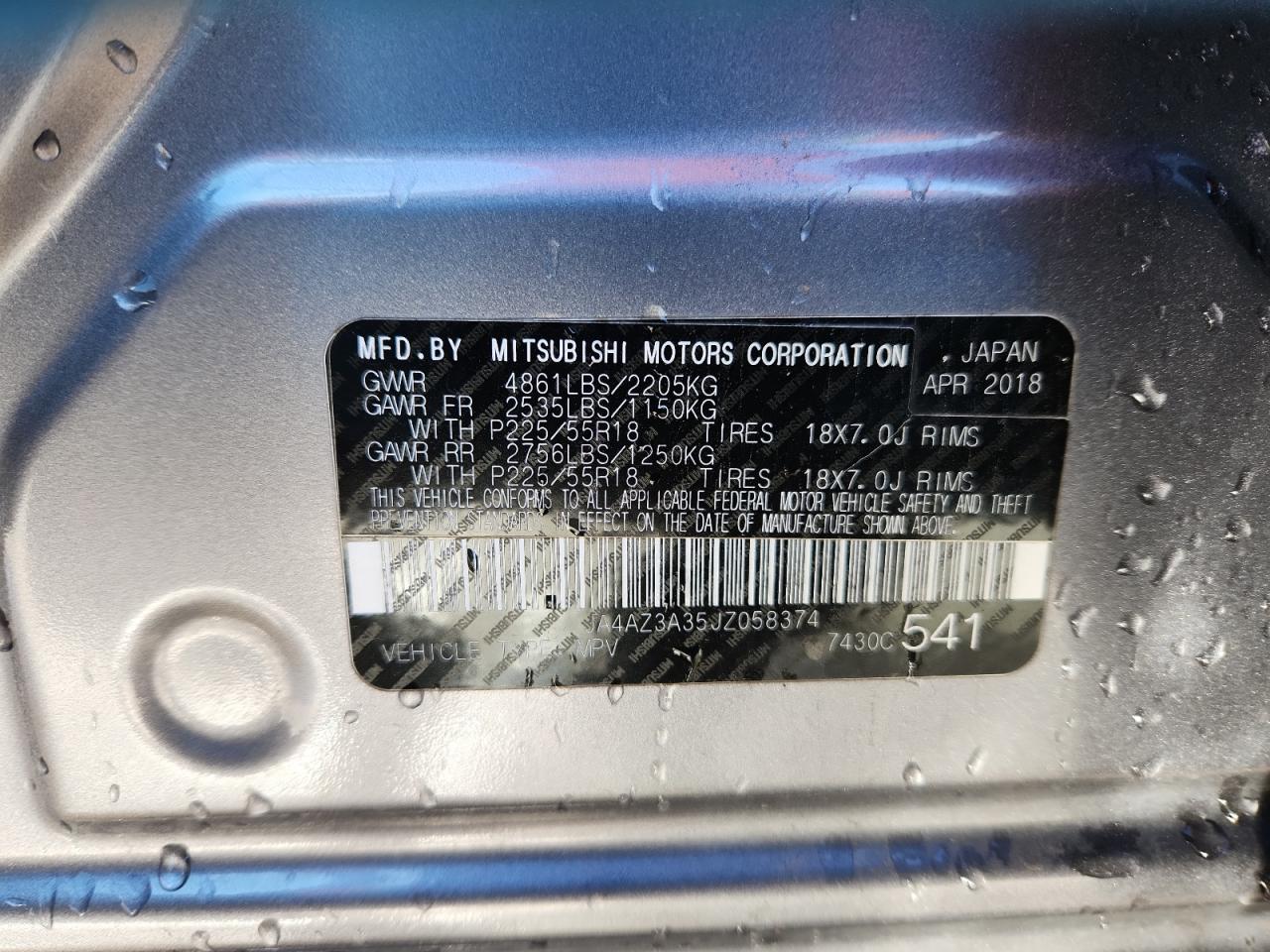 2018 Mitsubishi Outlander Se VIN: JA4AZ3A35JZ058374 Lot: 90589135