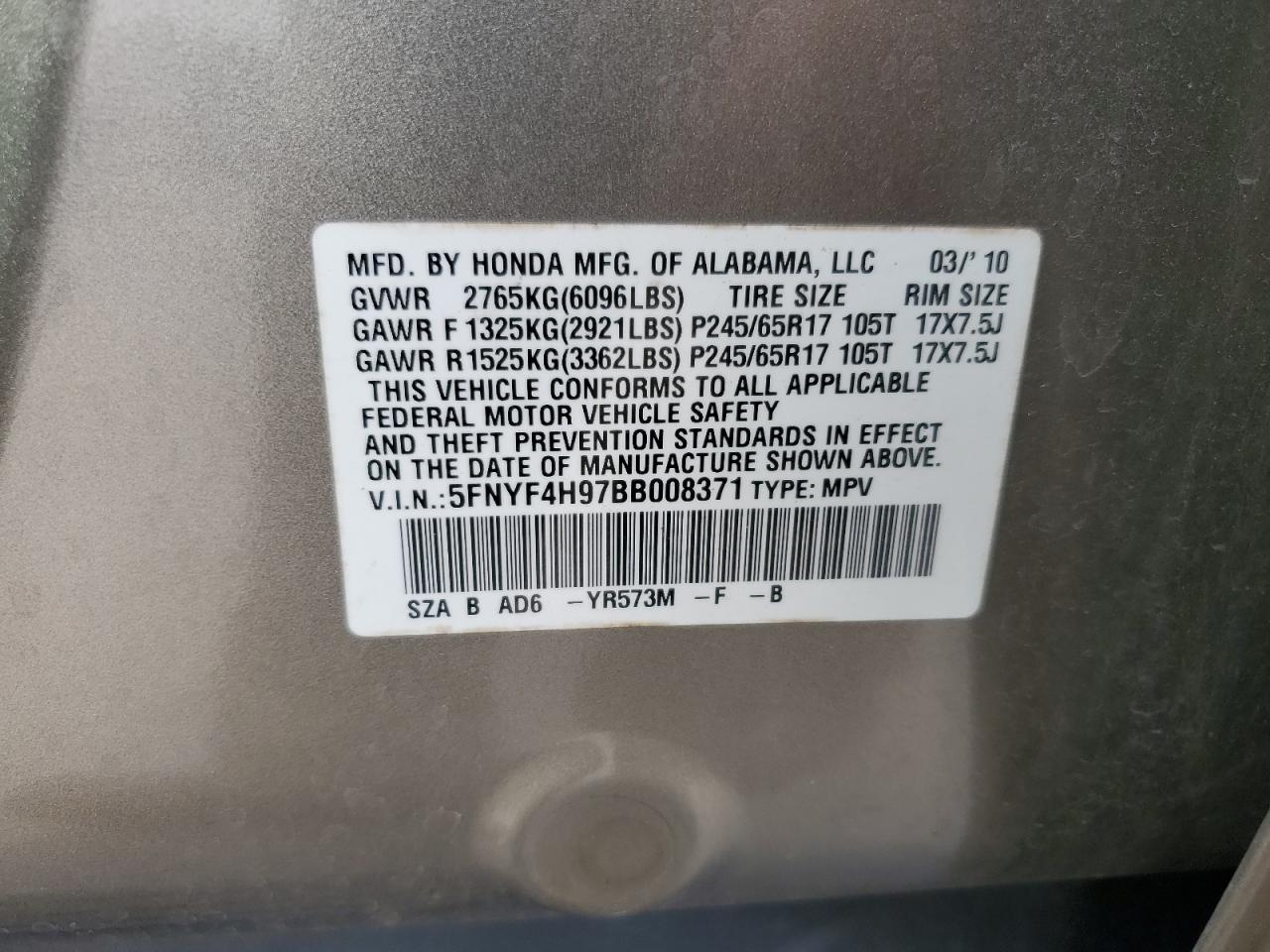 2011 Honda Pilot Touring VIN: 5FNYF4H97BB008371 Lot: 85898765