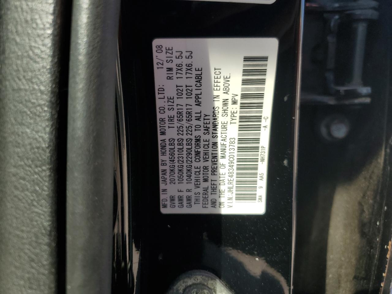 2009 Honda Cr-V Lx VIN: JHLRE48349C013783 Lot: 82527475