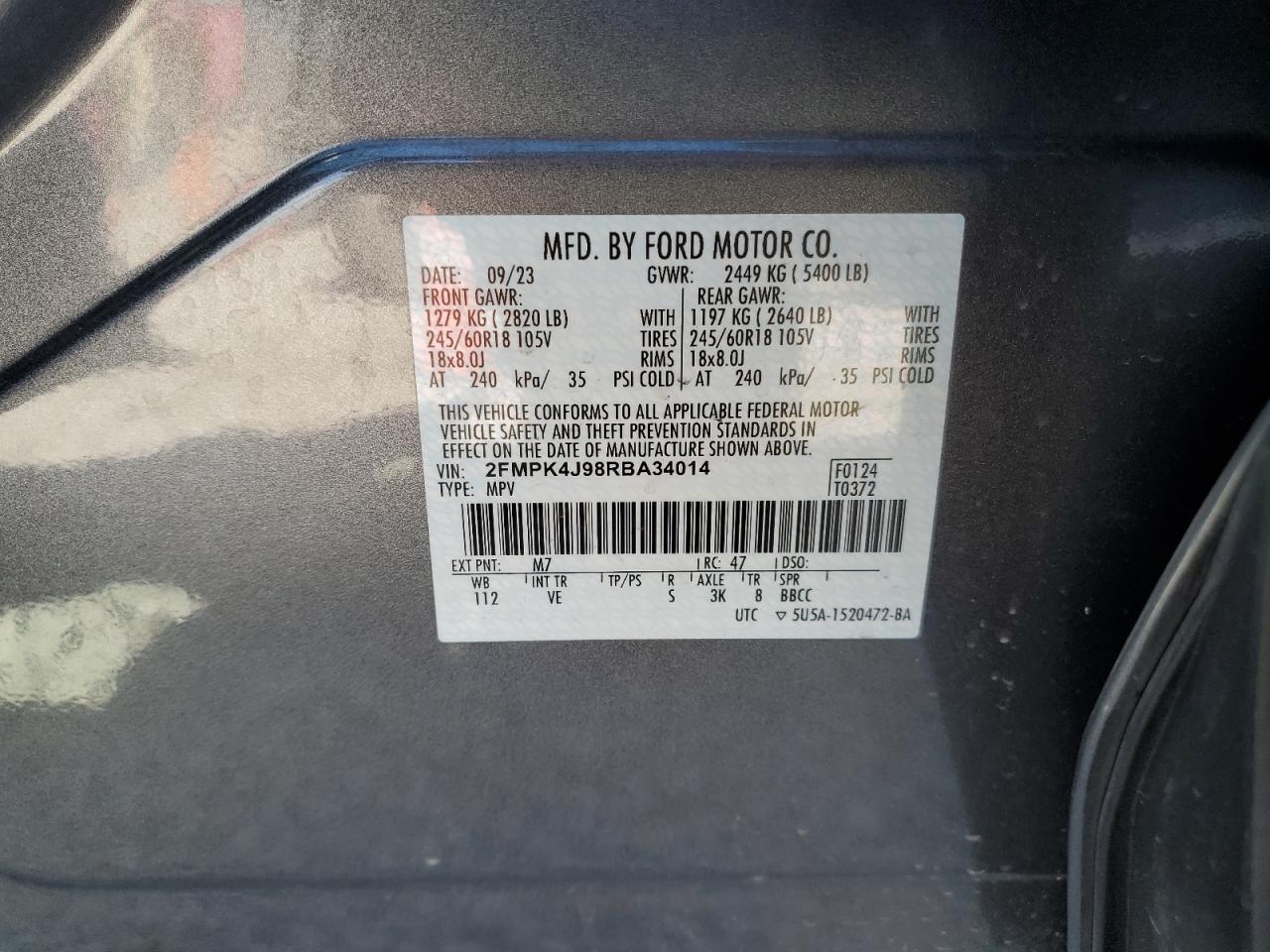 2024 Ford Edge Sel VIN: 2FMPK4J98RBA34014 Lot: 89880915