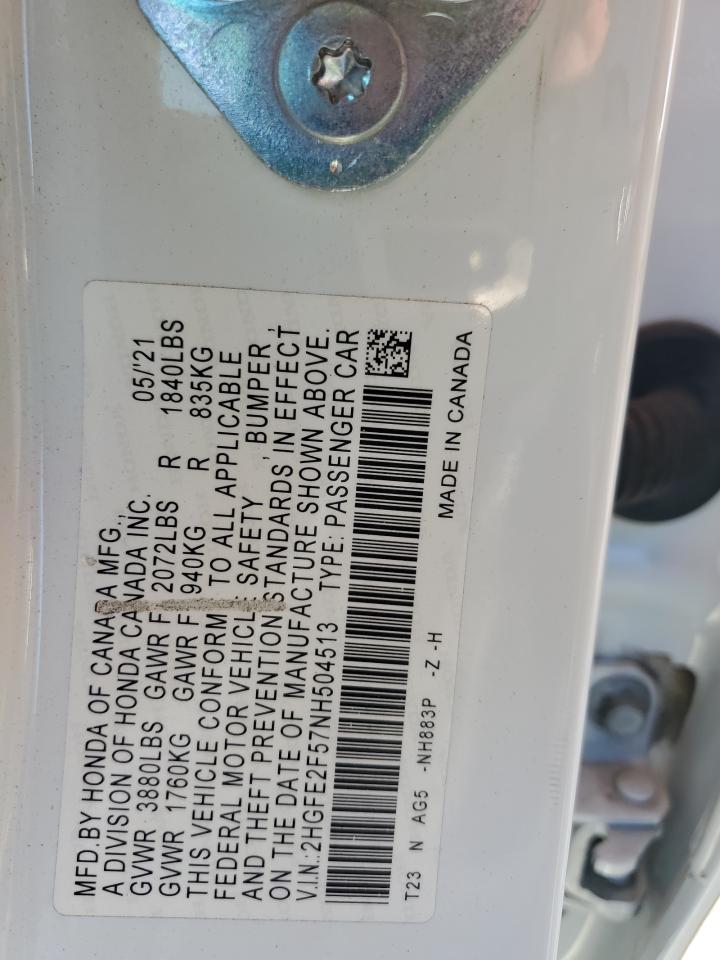 2022 Honda Civic Sport VIN: 2HGFE2F57NH504513 Lot: 82394005