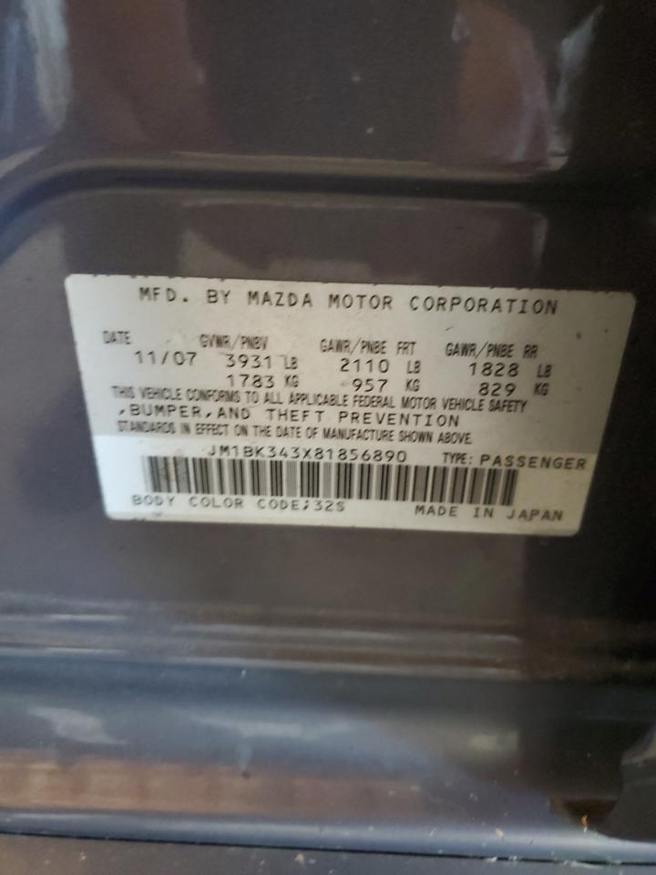 2008 Mazda 3 Hatchback VIN: JM1BK343X81856890 Lot: 86554555