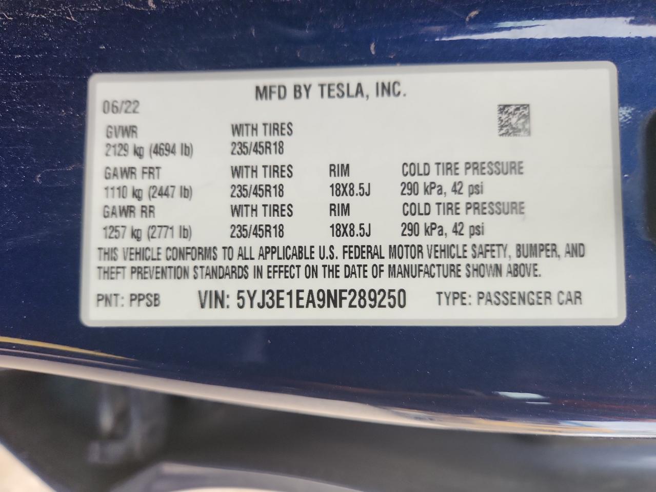 2022 Tesla Model 3 VIN: 5YJ3E1EA9NF289250 Lot: 86463335