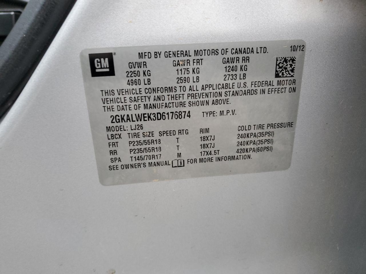 2013 GMC Terrain Slt VIN: 2GKALWEK3D6176874 Lot: 82267375