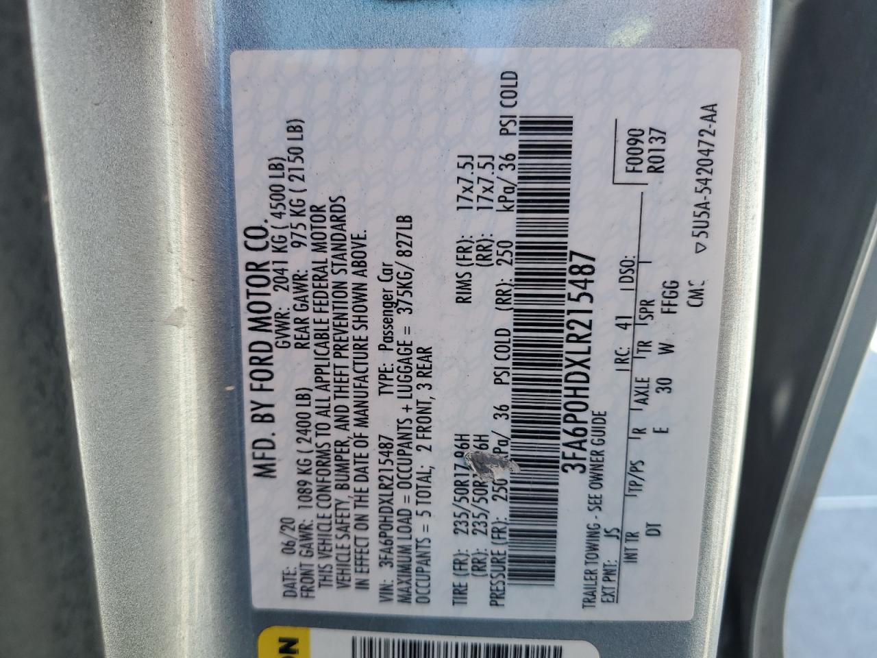 2020 Ford Fusion Se VIN: 3FA6P0HDXLR215487 Lot: 87090515