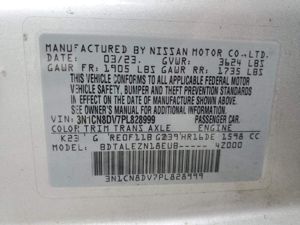 2023 Nissan Versa S VIN: 3N1CN8DV7PL828999 Lot: 84002145