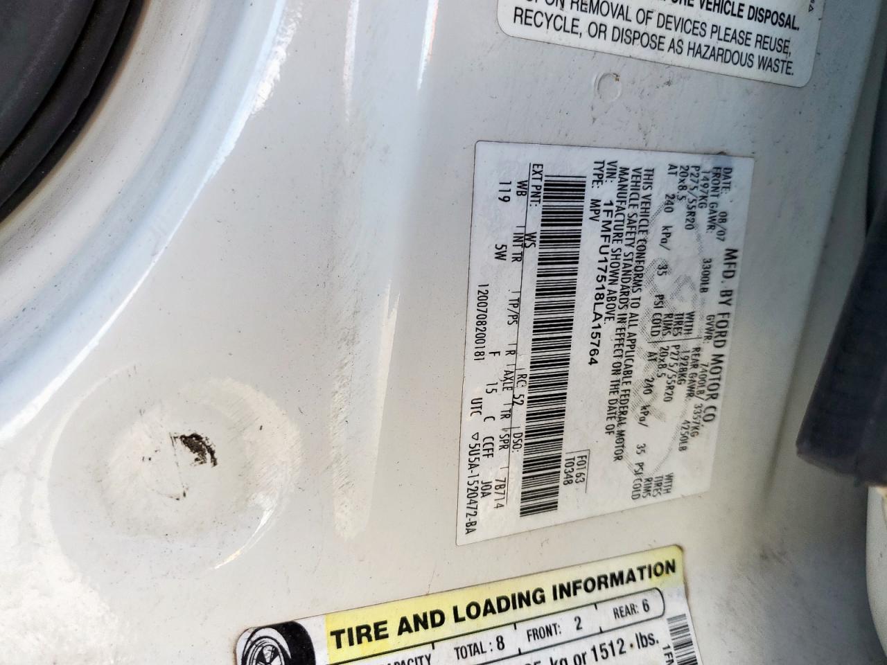 2008 Ford Expedition Eddie Bauer VIN: 1FMFU17518LA15764 Lot: 85720125